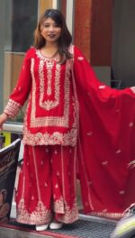 Karva Chauth Special Red Faux Georgette Fabric Sequence Work Palazzo Suit
