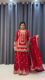 Karva Chauth Special Red Faux Georgette Fabric Sequence Work Palazzo Suit