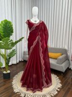 Maroon Color Jimmy Choo Fabric Hot Fixing Work Saree