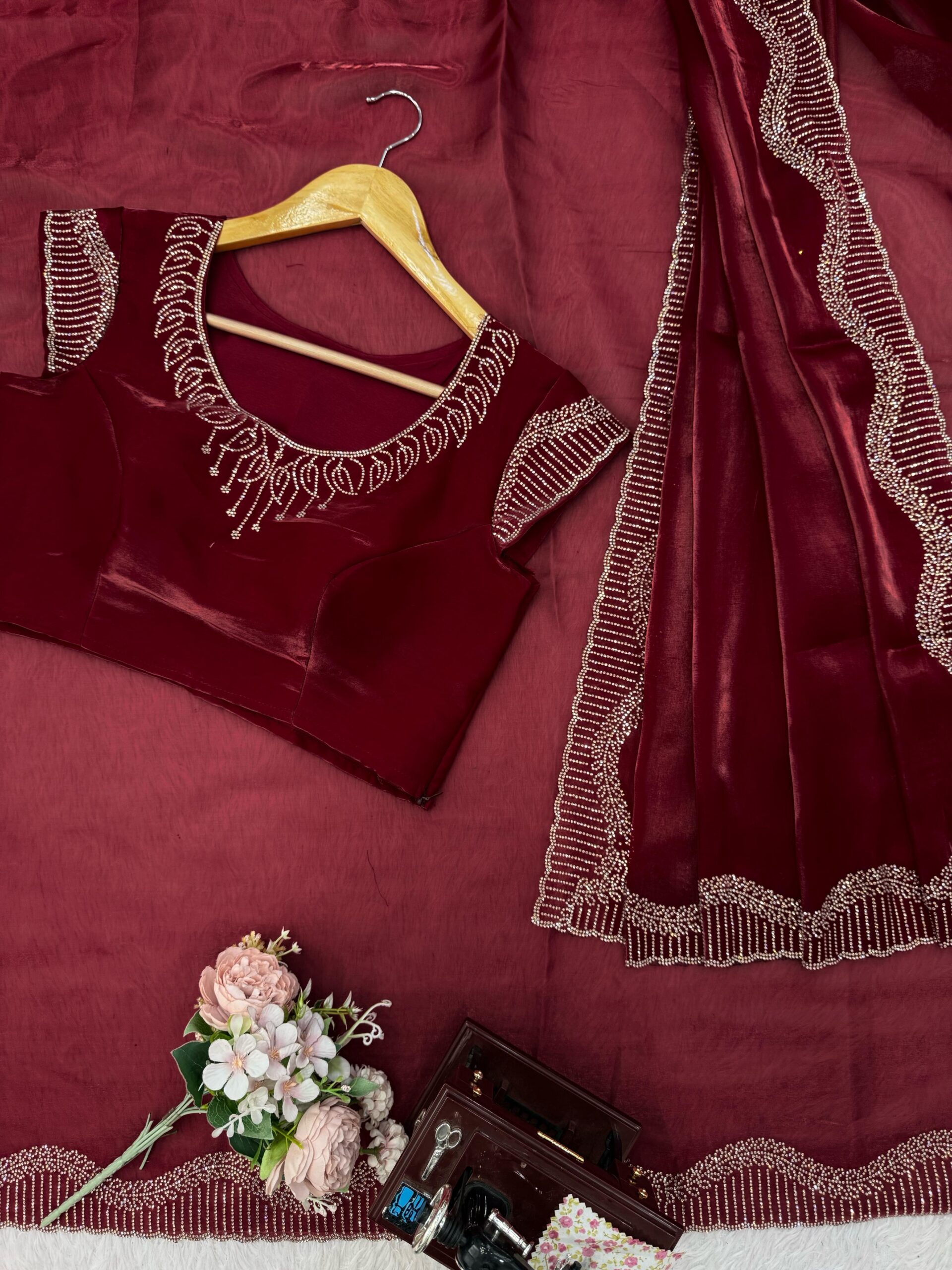 Maroon Color Jimmy Choo Fabric Hot Fixing Work Saree