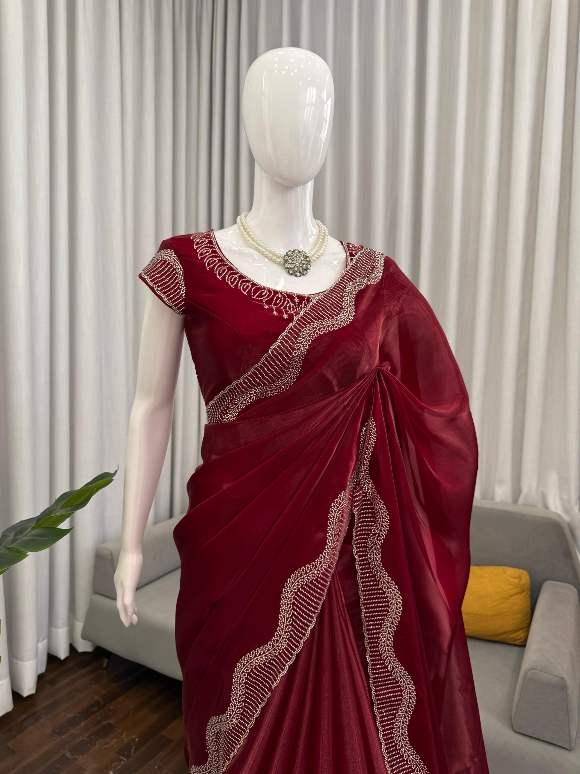 Maroon Color Jimmy Choo Fabric Hot Fixing Work Saree