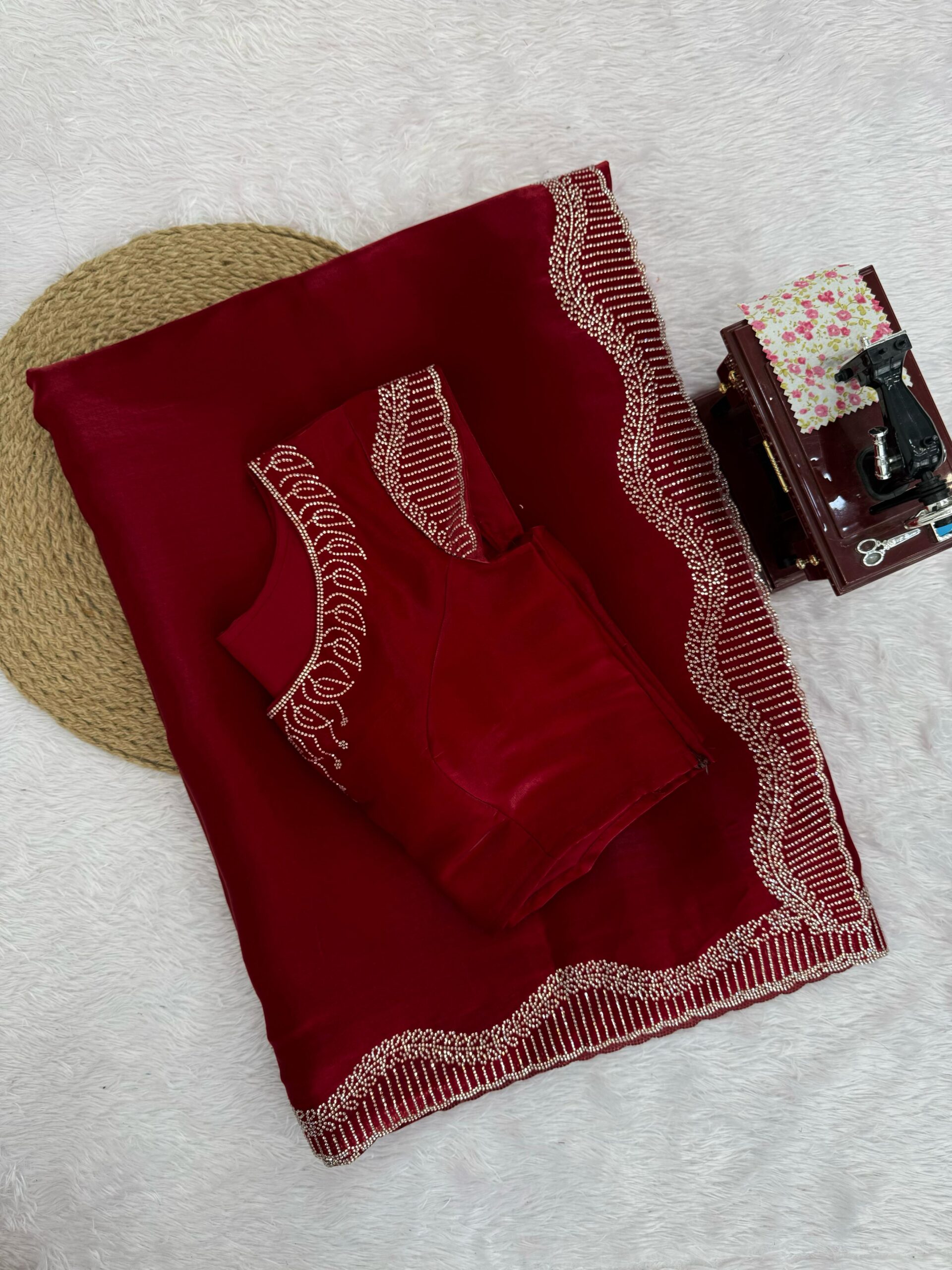 Maroon Color Jimmy Choo Fabric Hot Fixing Work Saree