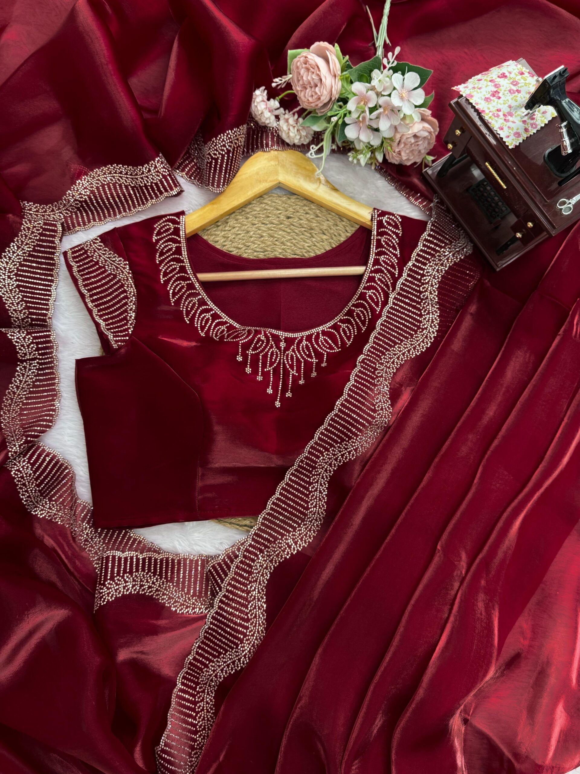 Maroon Color Jimmy Choo Fabric Hot Fixing Work Saree