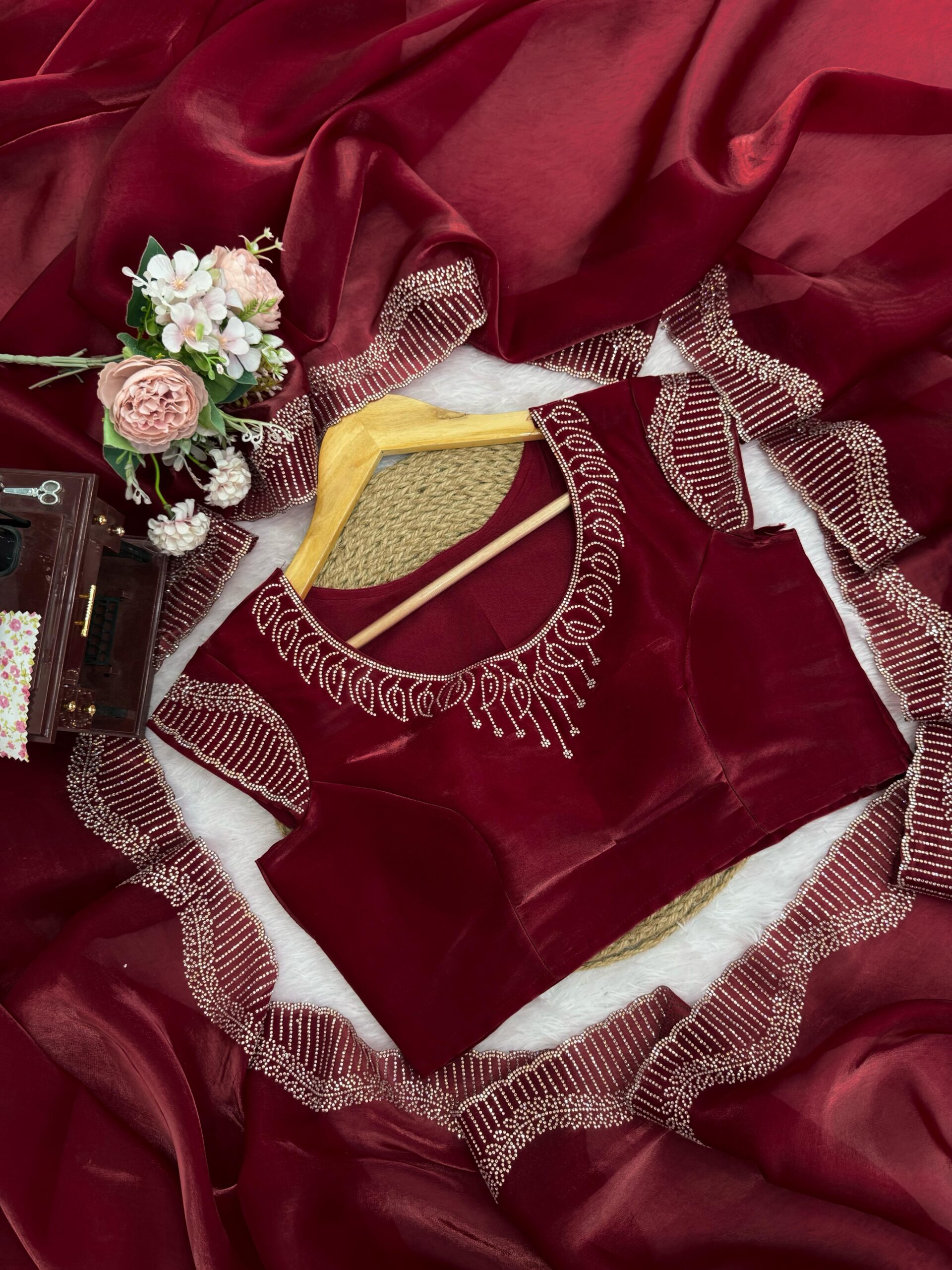 Maroon Color Jimmy Choo Fabric Hot Fixing Work Saree
