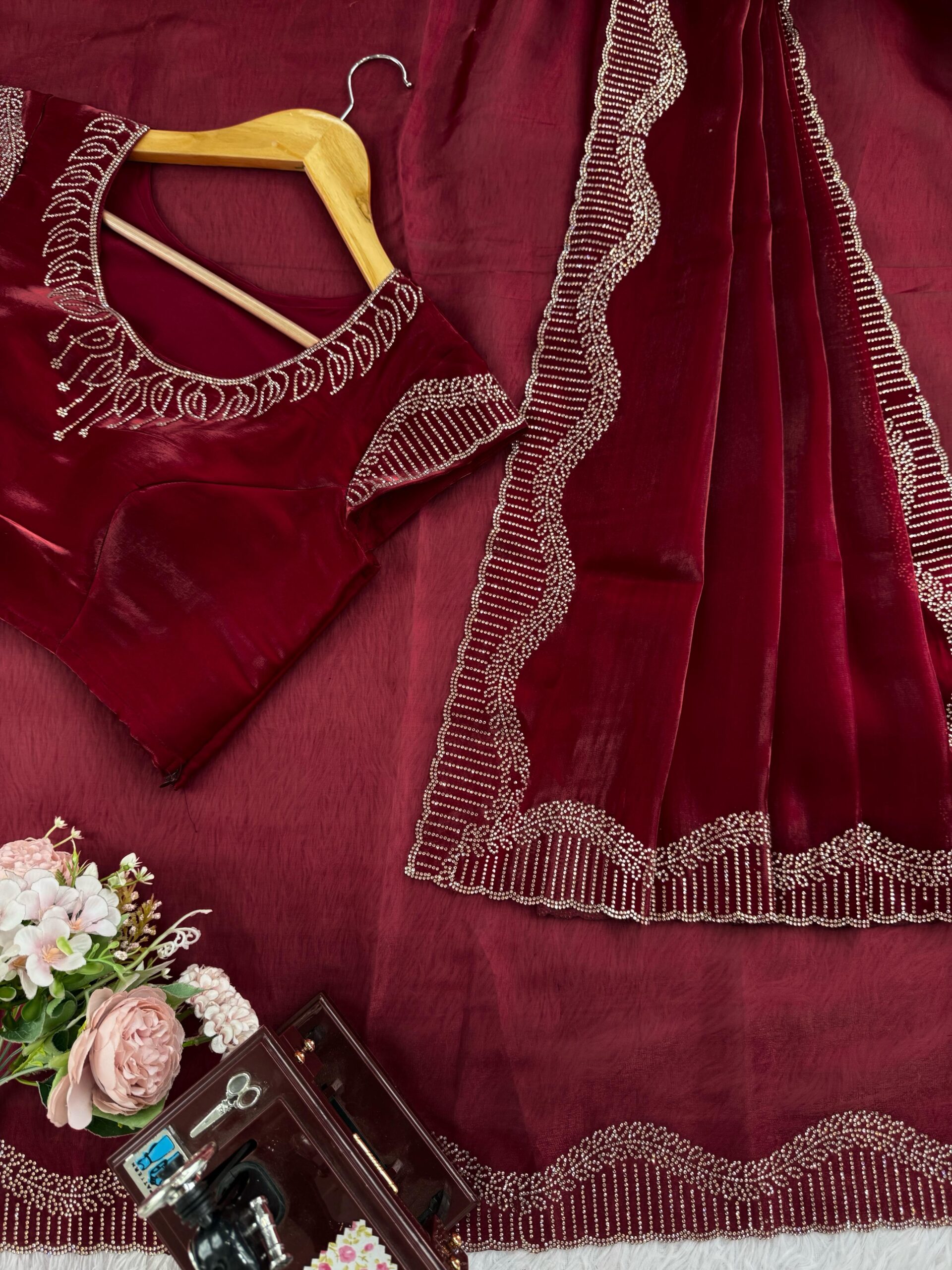 Maroon Color Jimmy Choo Fabric Hot Fixing Work Saree