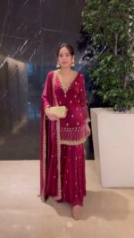 Maroon Color Jimmy Choo Fabric Thread With Sequence Work Palazzo Suit