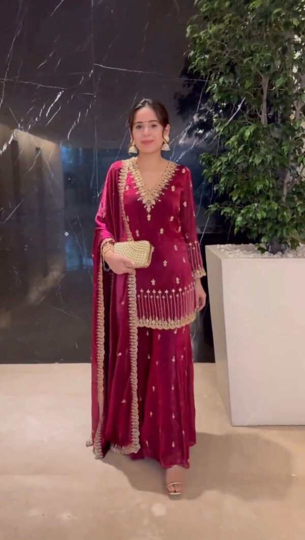 Maroon Color Jimmy Choo Fabric Thread With Sequence Work Palazzo Suit