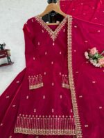 Maroon Color Jimmy Choo Fabric Thread With Sequence Work Palazzo Suit