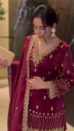 Maroon Color Jimmy Choo Fabric Thread With Sequence Work Palazzo Suit