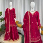 Maroon Color Jimmy Choo Fabric Thread With Sequence Work Palazzo Suit