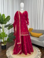 Maroon Color Jimmy Choo Fabric Thread With Sequence Work Palazzo Suit