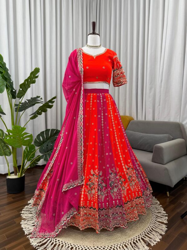 Multi Color Faux Georgette Fabric Thread And Sequence Work Lehenga