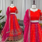 Multi Color Faux Georgette Fabric Thread And Sequence Work Lehenga