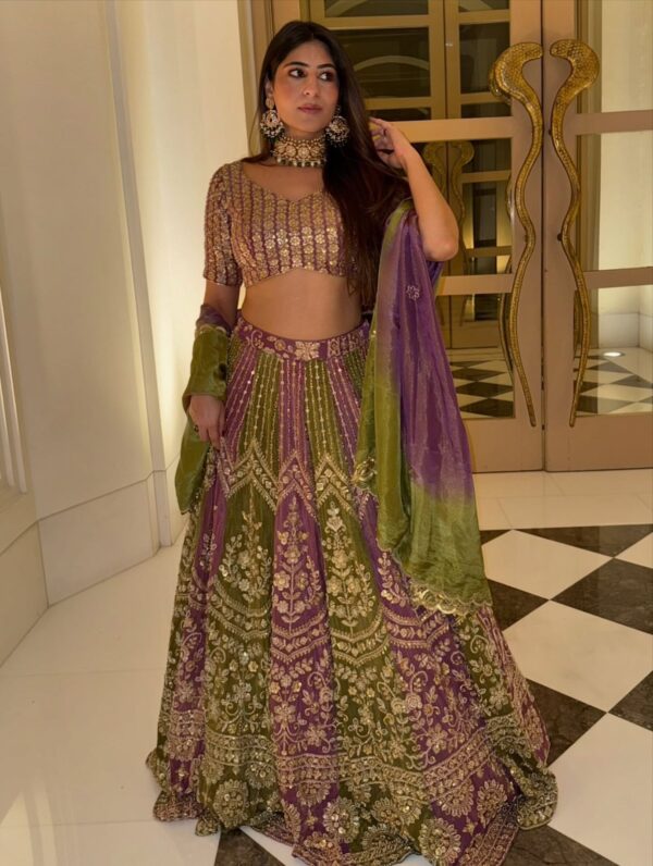 Multi Color Faux Georgette Fabric Thread And Sequence Work Lehenga