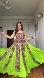 Multi Color Faux Georgette Fabric Thread With Sequence Work Navratri Top Lehenga Set