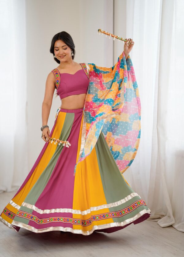 Multi Color Heavy Rayon Fabric Gamthi Thread With Mirror Work Navratri Lehenga