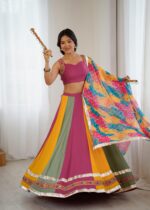 Multi Color Heavy Rayon Fabric Gamthi Thread With Mirror Work Navratri Lehenga