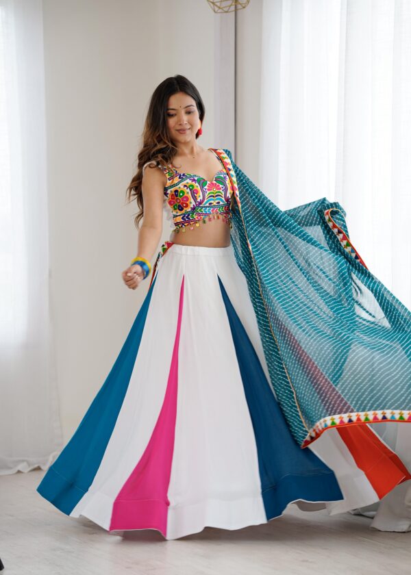 Multi Color Heavy Rayon Fabric Gamthi With Mirror Work Navratri Lehenga