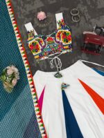 Multi Color Heavy Rayon Fabric Gamthi With Mirror Work Navratri Lehenga