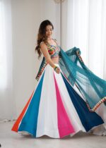Multi Color Heavy Rayon Fabric Gamthi With Mirror Work Navratri Lehenga
