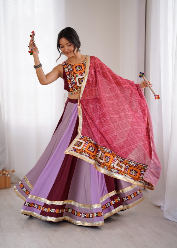 Multi Color Heavy Rayon Fabric Gamthi With Mirror Work Navratri Lehenga