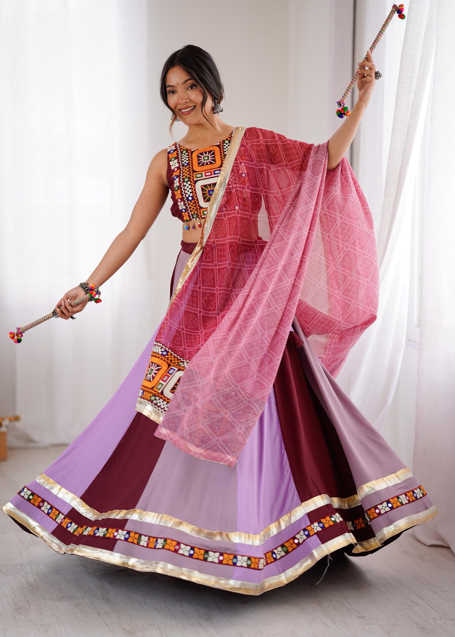 Multi Color Heavy Rayon Fabric Gamthi With Mirror Work Navratri Lehenga