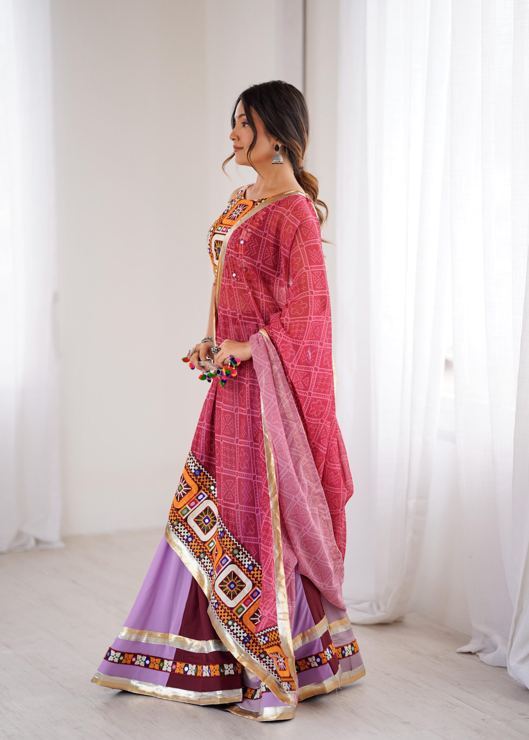 Multi Color Heavy Rayon Fabric Gamthi With Mirror Work Navratri Lehenga
