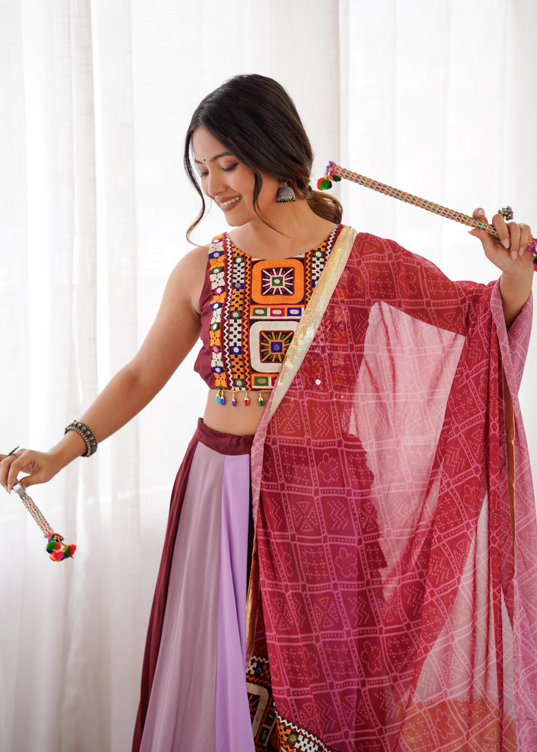 Multi Color Heavy Rayon Fabric Gamthi With Mirror Work Navratri Lehenga