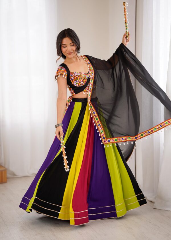 Multi Color Heavy Rayon Fabric Gamthi With Mirror Work Navratri Lehenga
