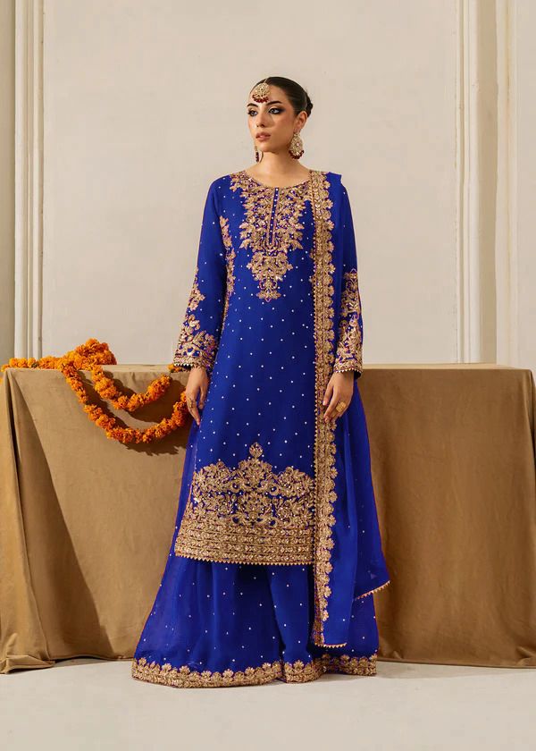 Navy Blue Faux Georgette Fabric Palazzo Set With Pearl Work