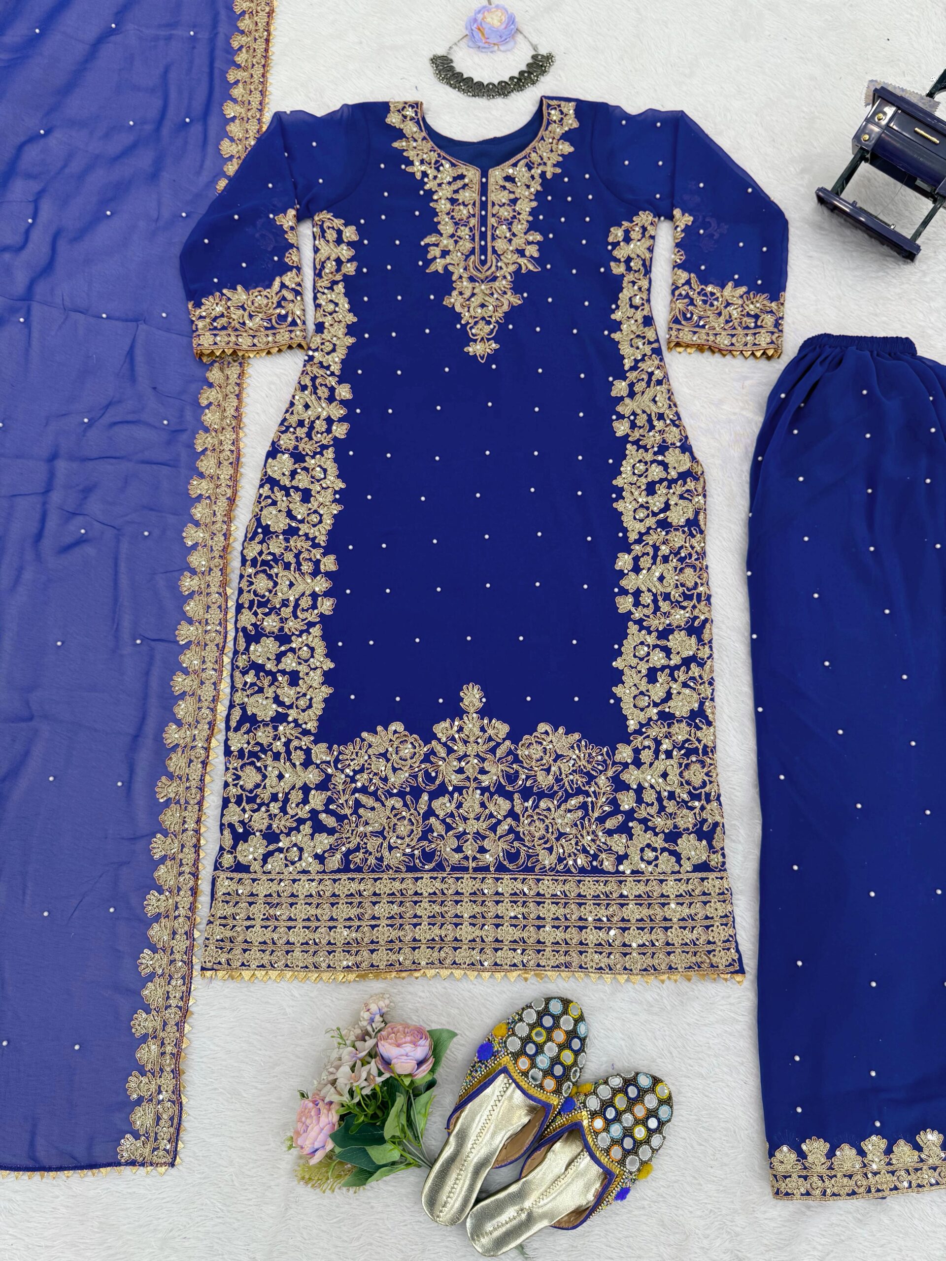 Navy Blue Faux Georgette Fabric Palazzo Set With Pearl Work