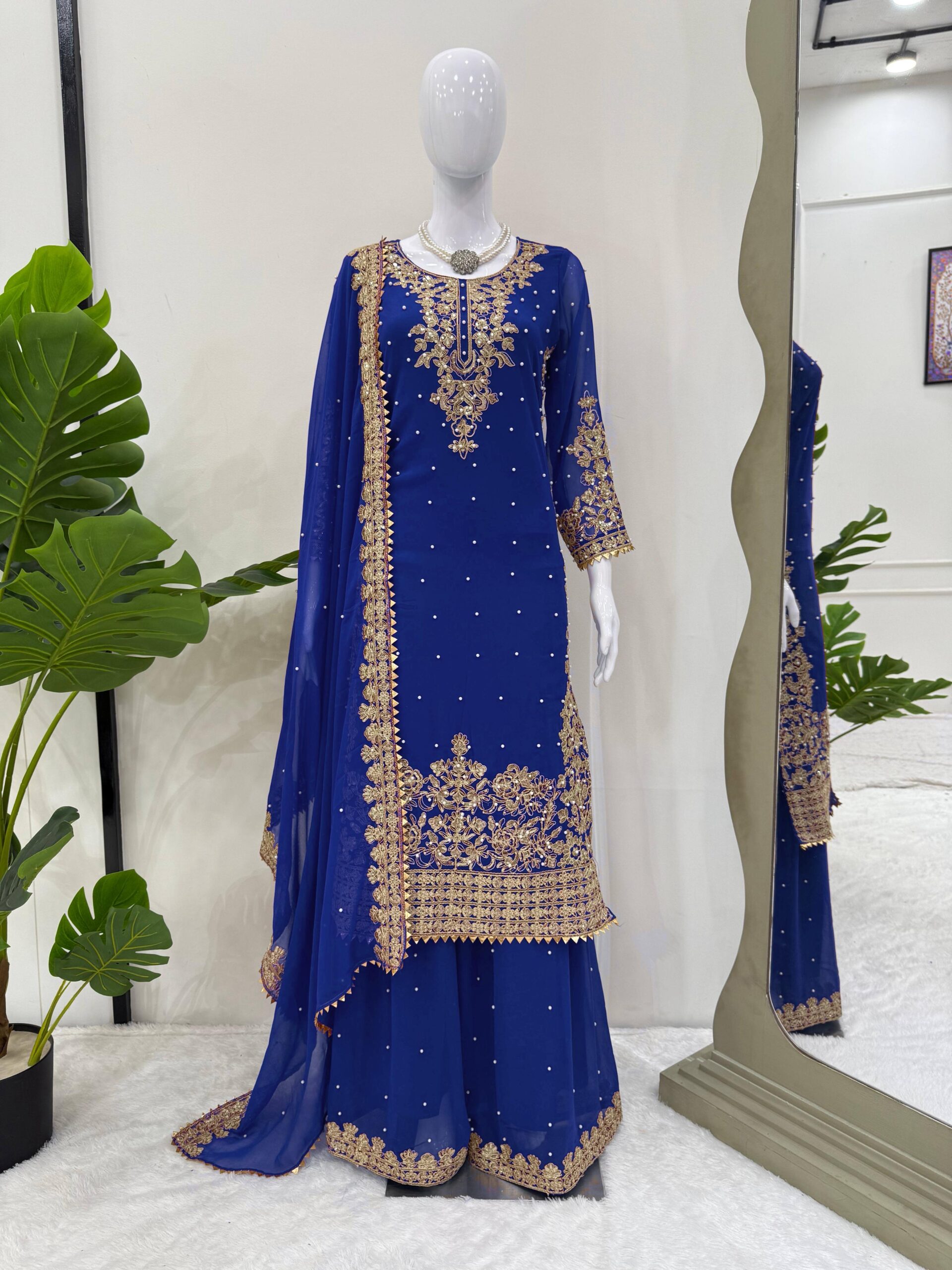 Navy Blue Faux Georgette Fabric Palazzo Set With Pearl Work