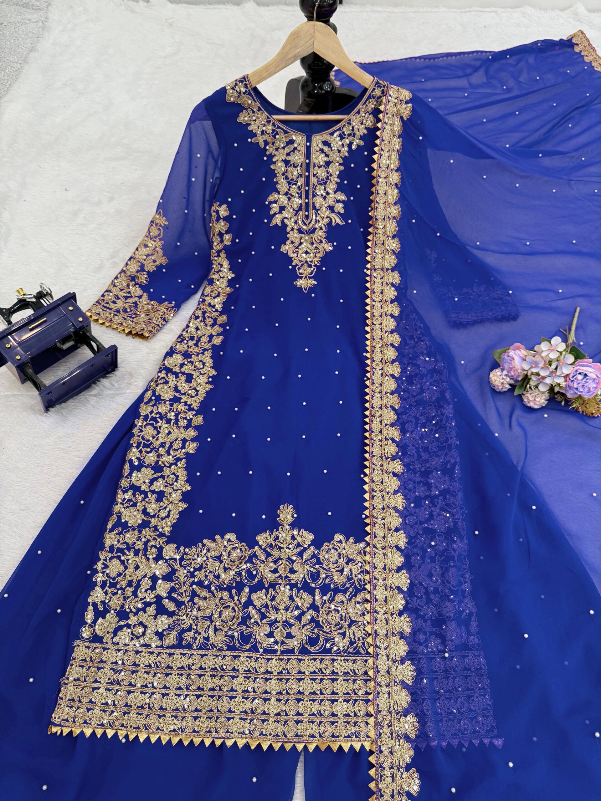 Navy Blue Faux Georgette Fabric Palazzo Set With Pearl Work