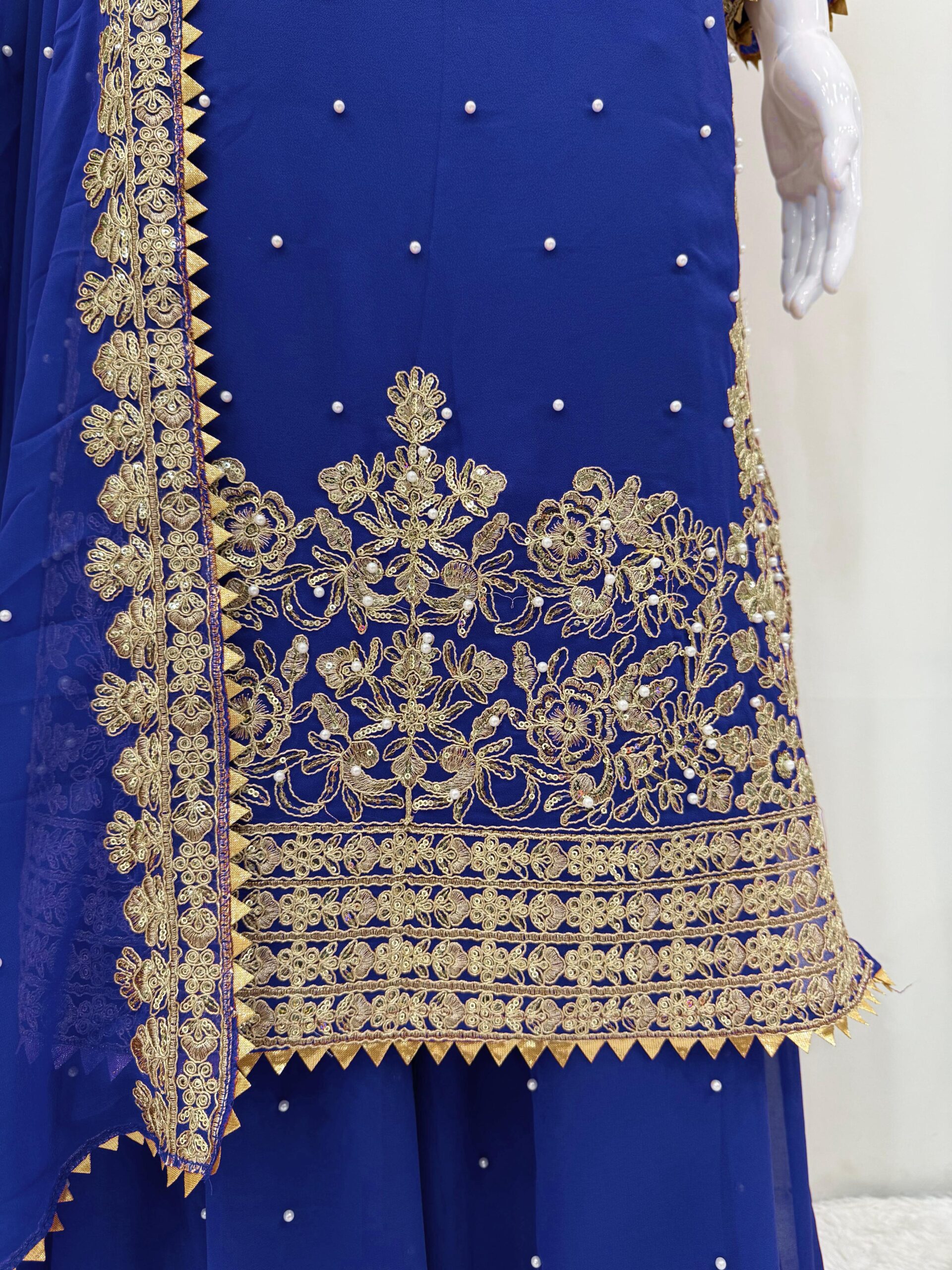Navy Blue Faux Georgette Fabric Palazzo Set With Pearl Work