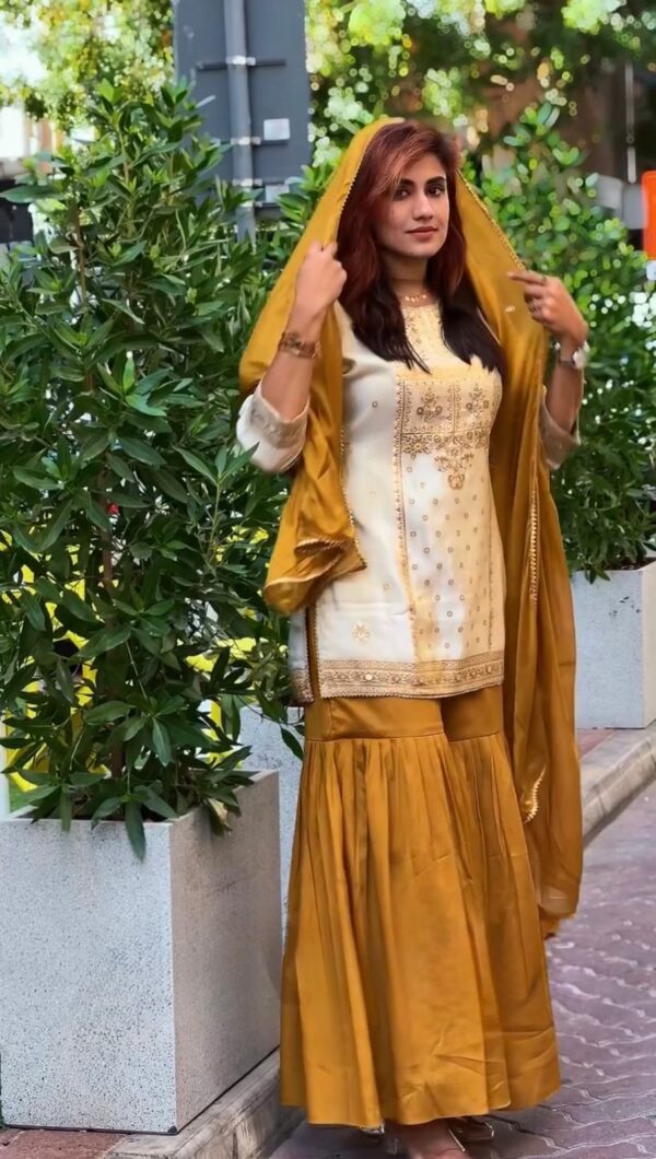 Off White Color Natural Crepe Fabric Thread With Sequence Work Sharara Set