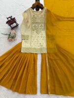 Off White Color Natural Crepe Fabric Thread With Sequence Work Sharara Set