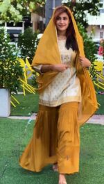 Off White Color Natural Crepe Fabric Thread With Sequence Work Sharara Set