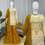Off White Color Natural Crepe Fabric Thread With Sequence Work Sharara Set