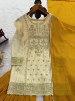 Off White Color Natural Crepe Fabric Thread With Sequence Work Sharara Set