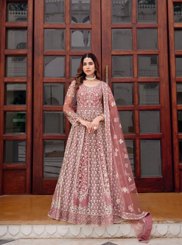 Peach Color Pure Butterfly Net Fabric Embroidery With Mirror Work Suit