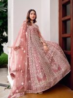 Peach Color Pure Butterfly Net Fabric Embroidery With Mirror Work Suit