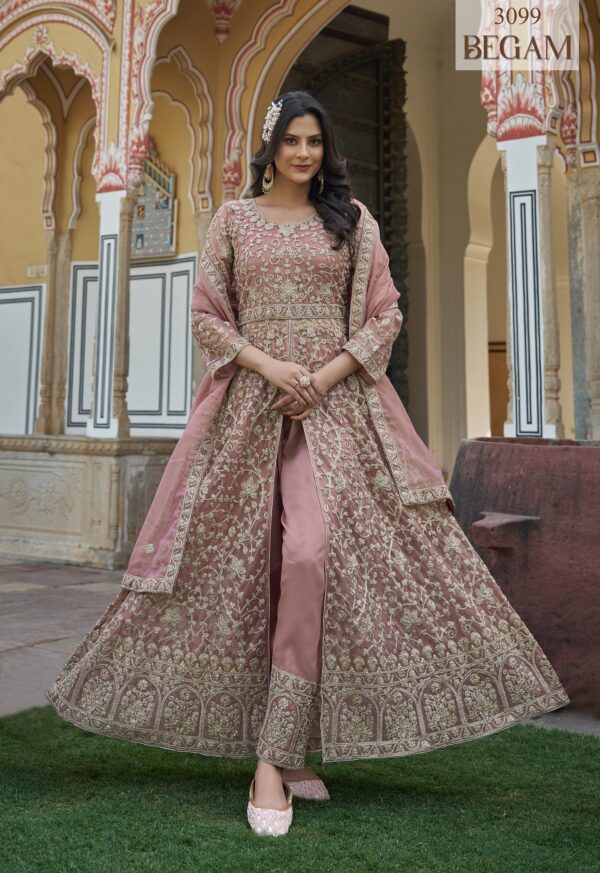 Peach Color Pure Butterfly Net Fabric Embroidery Work Suit