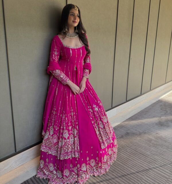 Pink Color Faux Georgette Fabric Sequence Work Top Lehenga Set