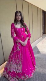 Pink Color Faux Georgette Fabric Sequence Work Top Lehenga Set