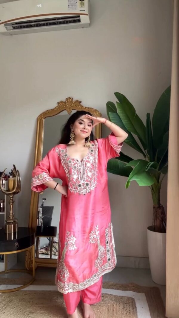 Pink Color Roman Silk Fabric Sequence With Mirror Work Sharara Set