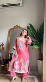 Pink Color Roman Silk Fabric Sequence With Mirror Work Sharara Set