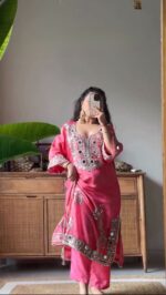 Pink Color Roman Silk Fabric Sequence With Mirror Work Sharara Set