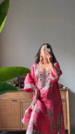 Pink Color Roman Silk Fabric Sequence With Mirror Work Sharara Set