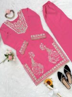 Pink Color Roman Silk Fabric Sequence With Mirror Work Sharara Set