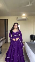Purple Color Faux Georgette Fabric Thread With Sequence Work Anarkali Suit